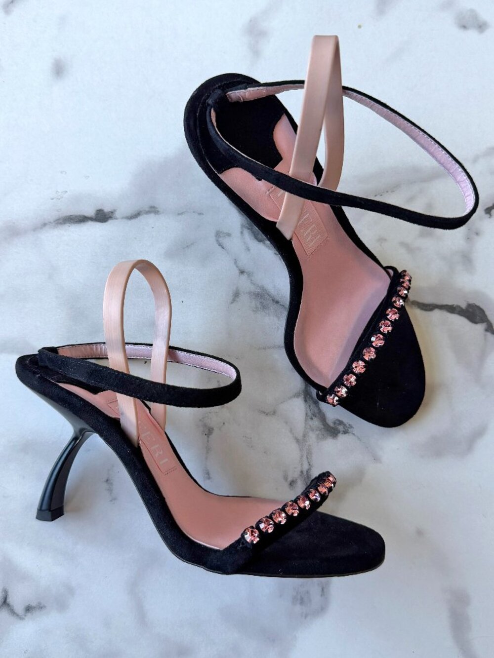 PIFERI Black Suede Pink Rhinestone Ankle Strap Heels Size 35